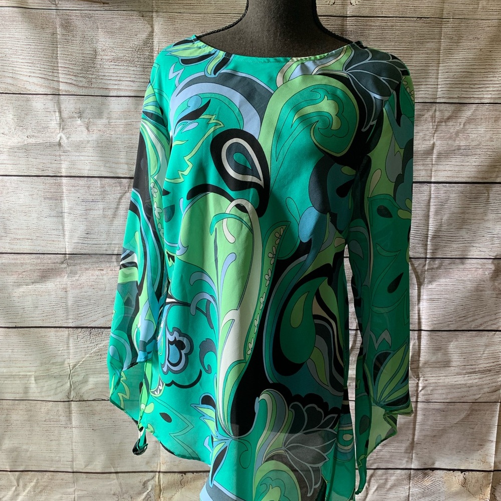 3/$10 deal! Asymmetrical blouse with bell sleeves